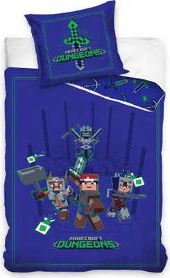Produktbild von Minecraft Bettwäsche Set für Jungen · Kinderbettwäsche 135x200 80x80 cm aus 100% Baumwolle mit Reißverschluss · Motiv Dungeons Dunkelblau mit Schrift
