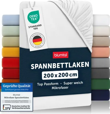 Produktbild von Blumtal Spannbettlaken 200x200 cm – Atmungsaktives Mikrofaser Bettlaken in Weiß – Weiches Spannbetttuch für maximalen Komfort