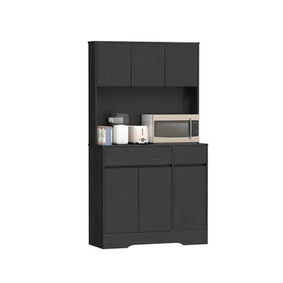 Produktbild von Buffet-Küchenschrank mit Arbeitsplatte, 6 Türen, hoher Stauraumschrank mit Regalen, Schwarz