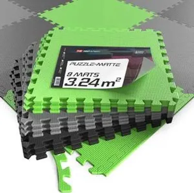 Produktbild von Hop-Sport Puzzlematte 9er Set - Unterlegmatte für Fitnessgeräte als Rutschfester Bodenschutz - Größe 60 x 60 x 1 cm -  Schwarz/Grau/Grün