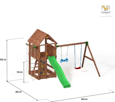 Produktbild von Fungoo Spielturm "Fortress Move+" teak mit Rutsche, Kletterwand, Leiter, Holzdach und Doppelschaukel