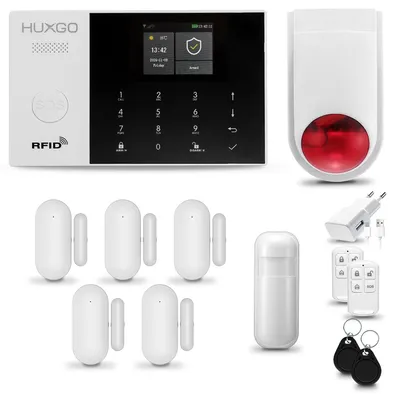 Produktbild von HUXGO HXA005 Kabellose Alarmsystem WiFi + GSM 4G mit Funk Sirene, Alarmanlage Haus mit 1x PIR-Bewegungsmelder, 5x Tür- Fenstersensoren, Tuya App