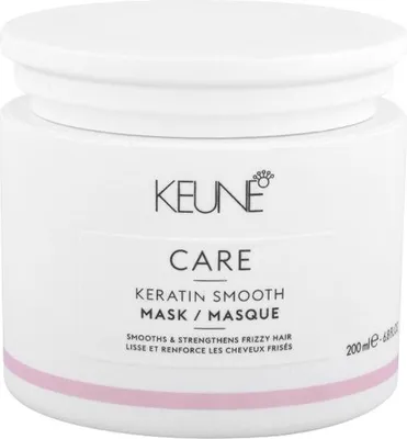 A white jar of Keune Care Keratin Smooth Mask with pink accents on the label.