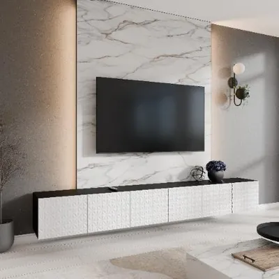 Obrázek produktu pro Margaret Hadas24 TV skříňka Cali TV skříňka TV lowboard 300 cm závěsná moderní design obývací pokoj montáž na zeď, TV nábytek černý, bílý
