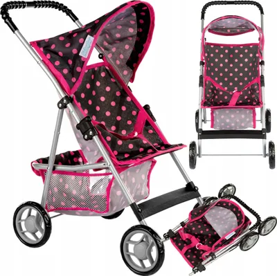 Produktbild von Puppenwagen Sportbuggy für Puppen – klappbarer Kinderwagen mit Gurtsystem, Sonnenverdeck und Spielzeugkorb – Modell KP0280G in Pink-Schwarz
