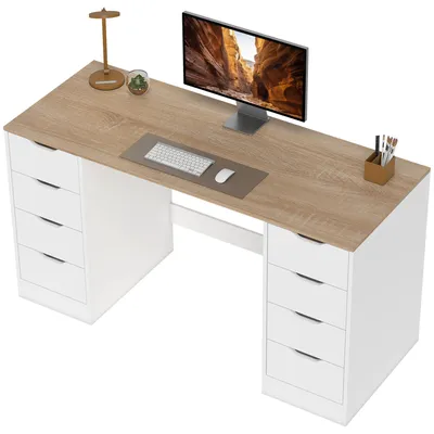 Productafbeelding van HOMCOM Bureau met 8 lades. Modern bureau voor kantoor. Afmetingen: 140 x 53 x 75 cm. Kleur: naturel