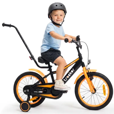 Produktbild von Sun Baby Tracker Bike Kinderfahrrad Jungen Fahrrad Stützräder Schubstange 16 Zoll neon orange