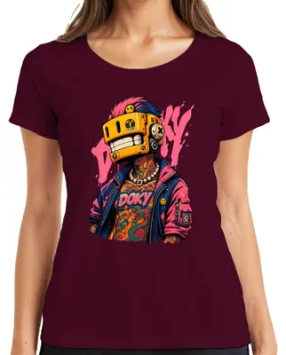 Produktbild von Doky Cyberpunk Roboter Maske Tattoo Drache Urban Japan Y2K Retro Damen T-Shirt, Burgundy, XL