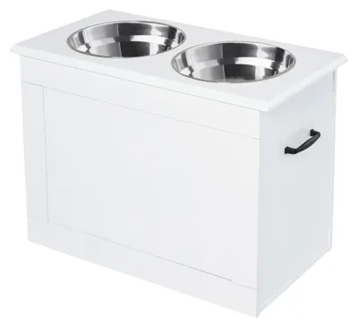 Immagine prodotto di Ciotola rialzata per cani con 2 ciotole e spazio contenitore | Colore: Bianco | Dimensioni: 60x30x41 cm