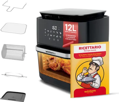 Imagen del producto de Freidora de aire de 12 litros, con 10 programas, 2400 W, que incluye una rejilla para asar y una bandeja para hornear, ideal para la cocina