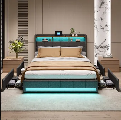 Produktbild von CDGlobal Polsterbett 160x200cm mit USB und Steckdosen, Jugendbett Doppelbett mit 4 Schubladen, Stauraumbett Massivholzbett mit LED/Typ C und Lattenrost, Leinen, Grau