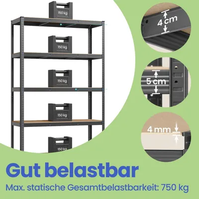 Obrázek produktu pro Robustní regál do skladu, nosnost 875 kg – rozměry 60 x 120 x 200 cm – ocel s práškovým nástřikem / MDF