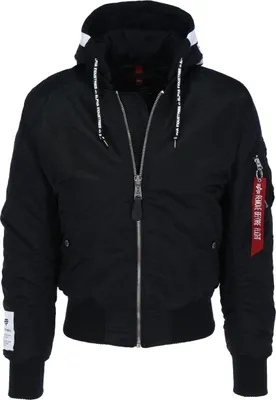 A black bomber jacket with a hood is shown front-on against a white background.