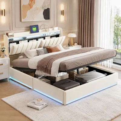 Produktbild von INONEFT Hydraulisches Bett 140 x 200 cm, Polsterbett mit USB und LED, Jugendbett, Doppelbett mit Stauraum und Lattenrost, Erwachsenenbett, Samt, Beige