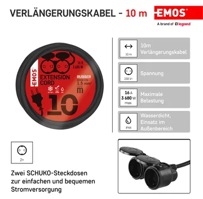 Obrázok produktu pre Predlžovací kábel s 2 uzemnenými zásuvkami IP44 10 m