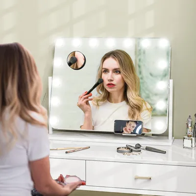 Image de Miroir de maquillage LED avec éclairage, 3 modes d'éclairage à intensité variable, miroir de maquillage, blanc | 62,5 x 52 cm | 15 LED, 50 000 h |tactile et USB