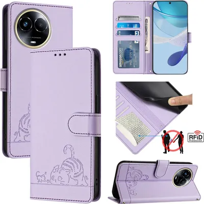 Produktbild von Leder Hülle für Realme 11 5G Süße Katze Flip Case Brieftasche Schutzhülle mit Standfunktion Lila