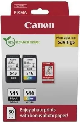 Obrázok produktu pre Sada atramentových kaziet Canon PG-545 čierna, CL-546 farebná, 2 kazety + balenie fotopapiera, 9 ml farebná, 8 ml čierna