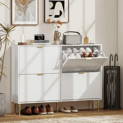 Image de Armoire à chaussures et étagère à chaussures - Rangement étroit - Portes rainurées - Étagères réglables - Blanc