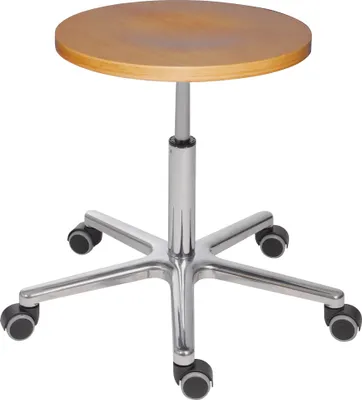 Produktbild von Belastbarer Hocker Stockton | Sitzhöhe 47-65cm | Ø 36cm | Tragfähigkeit 180kg | Buche-Sitz | Aluminium-Fußkreuz mit Doppelrollen | Silber/Buche