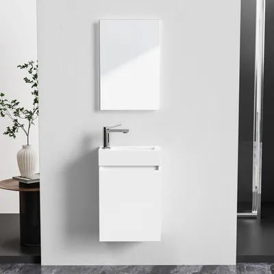 Produktbild von Belvit Badmöbel‑Set 40 cm mit MDF‑Unterschrank, glanz, Soft‑Close, umkehrbar, Handwaschbecken & Spiegel, kompakt für Bad & Gäste‑WC, weiß oder eiche