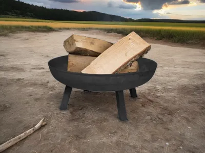 A black metal fire pit filled with logs sits on a dirt path, with a field and trees in the background under a cloudy sky.