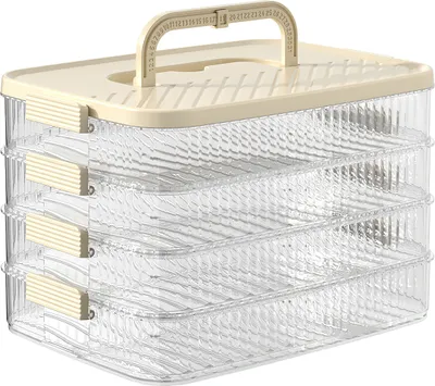 A multi-tiered food storage container with a handle on top.