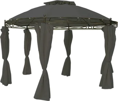 A gray gazebo with curtains, shown against a white background.