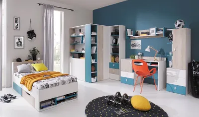 Produktbild von Jugendzimmer Kinderzimmer Komplett - Set B "Aalst", 6-teilig, Eiche / Weiß / Blau