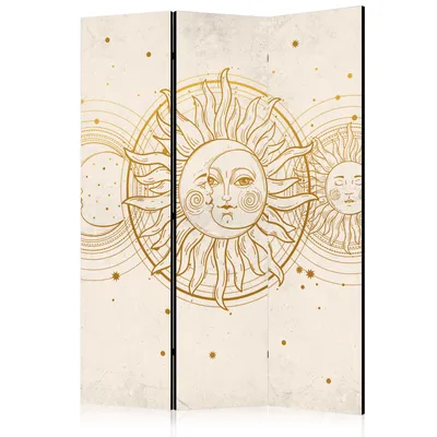 A three-panel room divider with a celestial illustration of the sun and moon.
