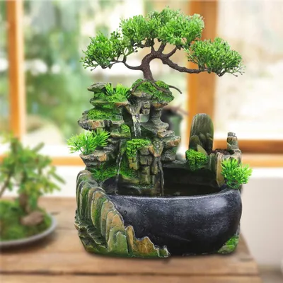 Produktbild von Beleuchteter Zimmerbrunnen mit Pflanzen, Bonsai und Wasserfall für Tisch und Wohnzimmer, Garten-Aquarium aus Harz, 28 x 20 x 15 cm