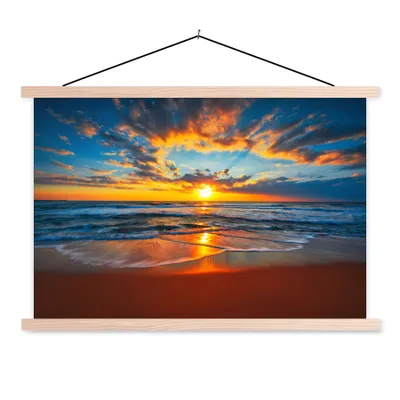 Produktbild von MuchoWow® Textilposter Meer - Sonnenuntergang - Strand - Wolken - Orange 120x80 cm mit holzfarbenen Rahmen - Aufhängeset