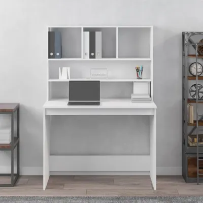 A white desk with a hutch is shown against a light gray wall.