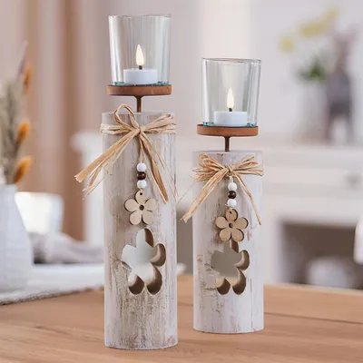 Produktbild von 2x Windlichtsäule "Blüten" aus Holz & Glas, 30 + 35 cm hoch, im Shabby Look, Teelichthalter, Holzsäule mit Kerzenglas