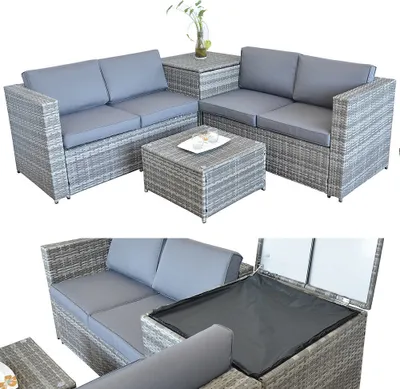 Image de XXL PolyRattan Salon + Coffre de rangement Canapé de jardin Ensemble de jardin gris
