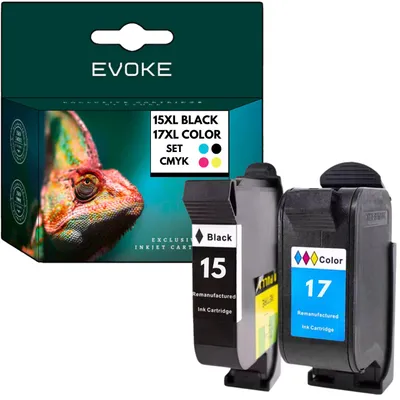 Immagine prodotto di Cartucce compatibili per stampanti HP 15, 17, HP15, HP17, C6615DE, C6625A, XL, confezione da 2: nera + tricromatica (CMY) (ciano, magenta, giallo), capacità 79 ml, resa di 1900 pagine, compatibili con i modelli: DeskJet 810C, 812C, 825C, 840C, 841C, 842C, 843C, 845C, 916, 920C, 930C, 940, 960, 3820; OfficeJet 5110, V40, V45; PSC 500, 750, 950; Fax 1230