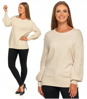 Immagine prodotto di Maglione da donna - Maglione con perline, taglia S - taglio ampio, color beige - maglione beige