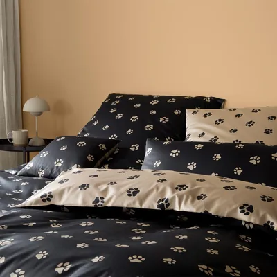 Produktbild von elegante Mako-Satin-Bettwäsche-Garnitur Paws Farbe Schwarz-Beige Größe 135x200+80x80