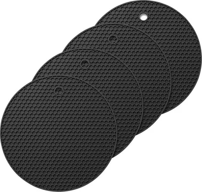 Produktbild von Runde schwarze Silikon-Untersetzer, 4 Stück, rutschfest, hitzebeständig (250 °C), multifunktionale Löffelablage, Küchenuntersetzer, Tischset für Küche und Esszimmer