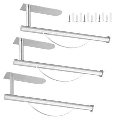 Produktbild von 3 Stück Küchenrollenhalter ohne Bohren, 34 cm selbstklebend, Papierrollenhalter für die Küche, silber, Wandmontage mit Schrauben