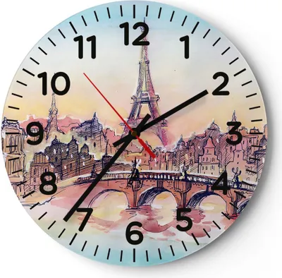 Produktbild von Wanduhr - Rund - Glasuhr - Brücke Eiffle Illustration Frankreich - 40x40cm - Schleichendes Uhrwerk - Lautlos - zum Aufhängen bereit - Dekoration Modern - Wanddekoration aus Glas - C4AR40x40-2999