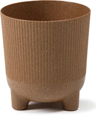 A brown planter pot with a ribbed texture and three legs, shown against a white background.