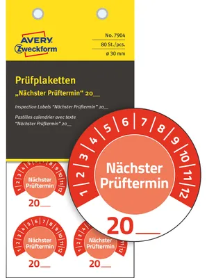Produktbild von Avery Zweckform 7904, Prüfplaketten, ? 30 mm, 10 Bögen, rot