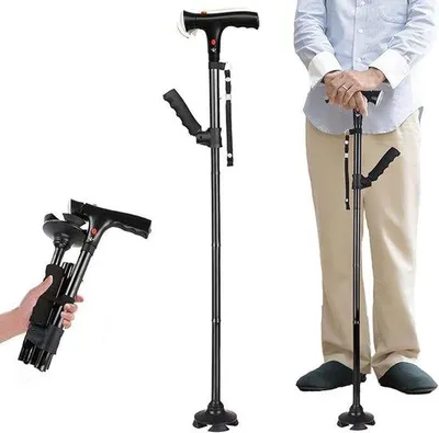 Image de Canne réglable avec éclairage LED, poignée et repose-main, adaptée aux seniors, pour hommes et femmes, rembourrée, capacité de charge de 2 tonnes, embouts réglables sur 4 positions.
