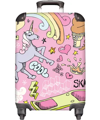 Obrázek produktu pro NoBoringSuitcases.com® Kufr Příruční zavazadlo Kufr na kolečkách Malý cestovní kufr na 4 kolečkách - růžový - Jednorožec - Skateboard - Kresba - Kabina Velikost < 55x40x23 cm a 55x40x20 cm - Foto kufr - Kabinový kufr - Deskové zavazadlo - Dětský kufr - Dětský vozík.
