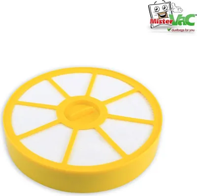 A yellow and white circular vacuum cleaner filter is shown on a white background, with a logo in the top right corner.