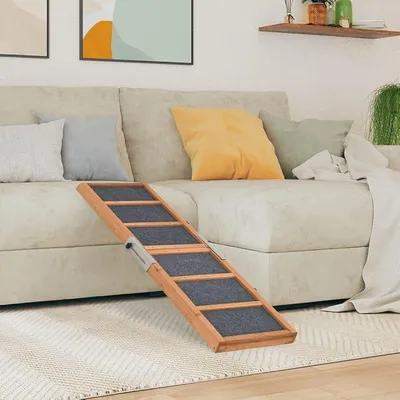 Zdjęcie produktu dla Rampa dla zwierząt, kolor szary, wymiary 120x30 cm, wykonana z litego drewna (sosna). Składana, z antypoślizgową powierzchnią z asfaltu, do wysokości 60 cm, przeznaczona dla psów i kotów