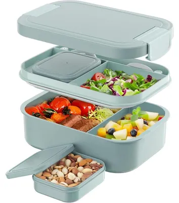 Productafbeelding van Lunchbox voor volwassenen, 1900 ml, lekvrij, groene bento box met 2 lagen en snackbakjes
