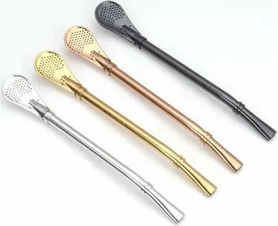 Produktbild von 6x Stück Strohhalm Trinkhalmlöffel Cocktail Tee Kaffee Latte Macchiato Capuccino Löffel Set Edelstahl Modern Dessert Löffel Silber
