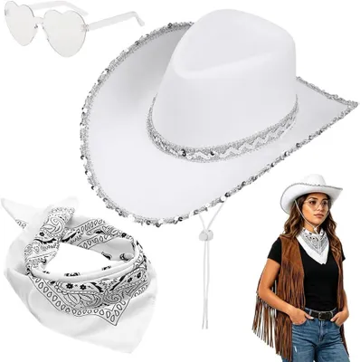 Imagen del producto de Conjunto de disfraz de vaquero, de 3 piezas, color blanco, que incluye sombrero y gafas, ideal para Halloween
